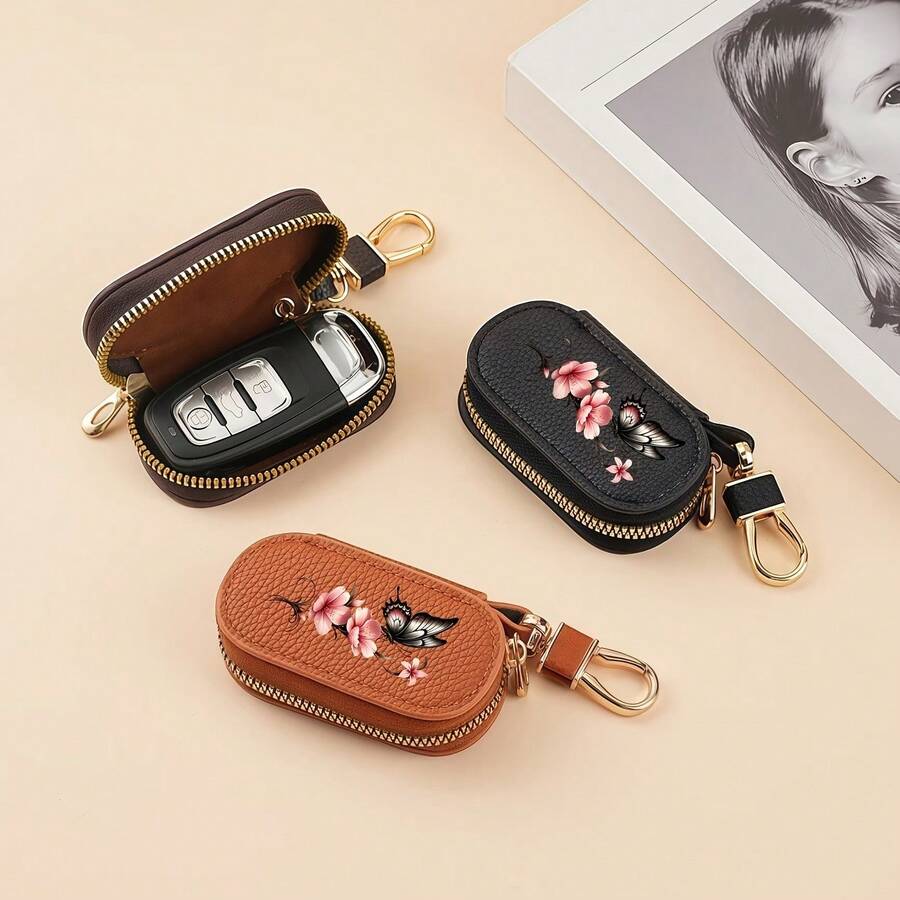 2026 New Car Key Bag Ink Style Butterfly Flower Lychee Pattern Zipper Multi Functional Car Key Storage Bag For Men And Women PortableChangeBag Pendant