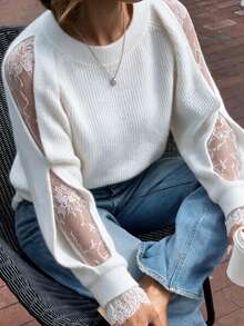 SEREN Women's New Lace Patchwork Design Sweater, Elegant Long Sleeve Top For Autumn/Winter, Suitable For Daily Wear, Outings, And Gatherings - White - View 3