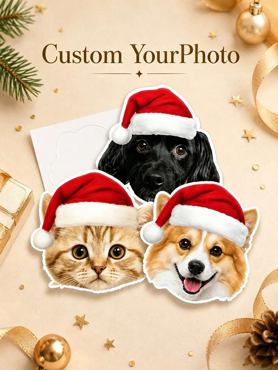 Customized Christmas Hat Photo Stickers, Personalized Christmas Gift Labels, Pet Face Christmas Sticker Labels, Holiday Christmas Gift Labels, Suitable For Gift Sealing Decoration, Party Decoration - Multicolor - View 1