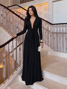 Women's Solid Color Long Sleeve Knitted Ruched Elegant Vintage Sexy Commute Party Autumn/Winter Dress - Black - View 1
