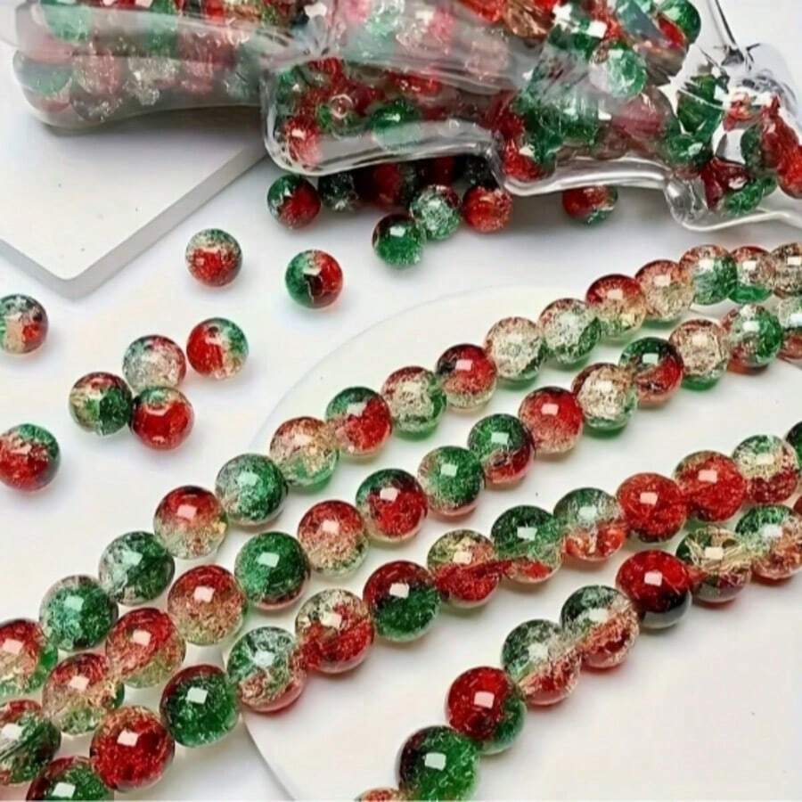 100pcs 8mm Christmas Gradient Cracked Ice Beads Red & Green Beads For Making Couple Bracelets, Christmas Gifts, DIY Jewelry Making - Multicolor - View 1
