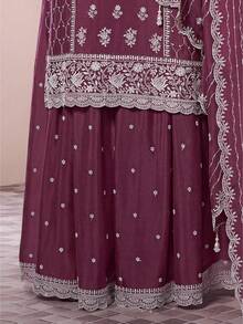 JZGZR Women's Art Silk Embroidery Work Kurta Palazzo Set With Dupatta - Darkpeach - View 8