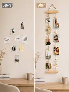 18pcs Wall-Mounted Photo Display Rack Set (Includes 1 Hanging Display Rack + 15 Photo Clips + 1 Adhesive Hook + 1 Metal Hook) - Natural Wood Photo Hanging Rope, Wooden Hemp Rope Hanging Decorative Photo Clips, Hanging Photo Clip Frame, Nordic Style Holiday Party Decoration, Minimalist Style Decorative Rack, Wooden Clip Multi-Photo Display Rack, No Drilling Space-Saving, Suitable For Bedroom, Dorm, Studio, Entryway, Desk Decoration - Multicolor - View 4