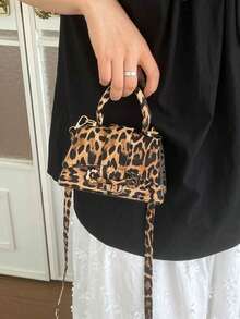 Y2K Leopard Print Mini Handbag, Fashionable Top Handle Bag, Vintage Small Tote With Detachable Shoulder Strap, Stylish Crossbody Bag For Party And Daily Wear - Multicolor - View 8