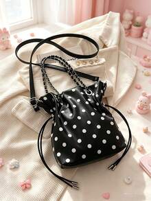 Cute Polka Dot Chain Drawstring Bucket Bag, Chain Strap Crossbody Bag, Y2K Style Mini Shoulder Bag, Suitable For Daily Casual Use, - Multicolor - View 7