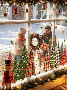 1/2pcs Plaid Buffalo Check Static Cling Window Stickers, Suitable For Christmas Tree, Snowflake And Star Decorations, Reusable PVC Film, Asymmetrical Shape, Suitable For Glass Doors, Cafes, Farmhouse Country Style Winter Christmas Decor - Multicolor - View 5