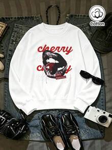 Women's Loose Fit Cherry Lips Print Crew Neck Sweatshirt, Breathable Street Style Pullover For Spring & Fall Daily Wear - White - View 3