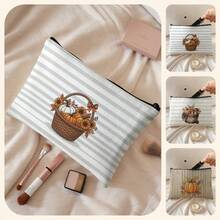 1pc Kids Stripes & Pumpkins Print Large‑Capacity Zipper Closure Portable Makeup Pouch,Lightweight Toiletry Organizer For Travel Daily Storage Or Gift - Multicolor - View 1