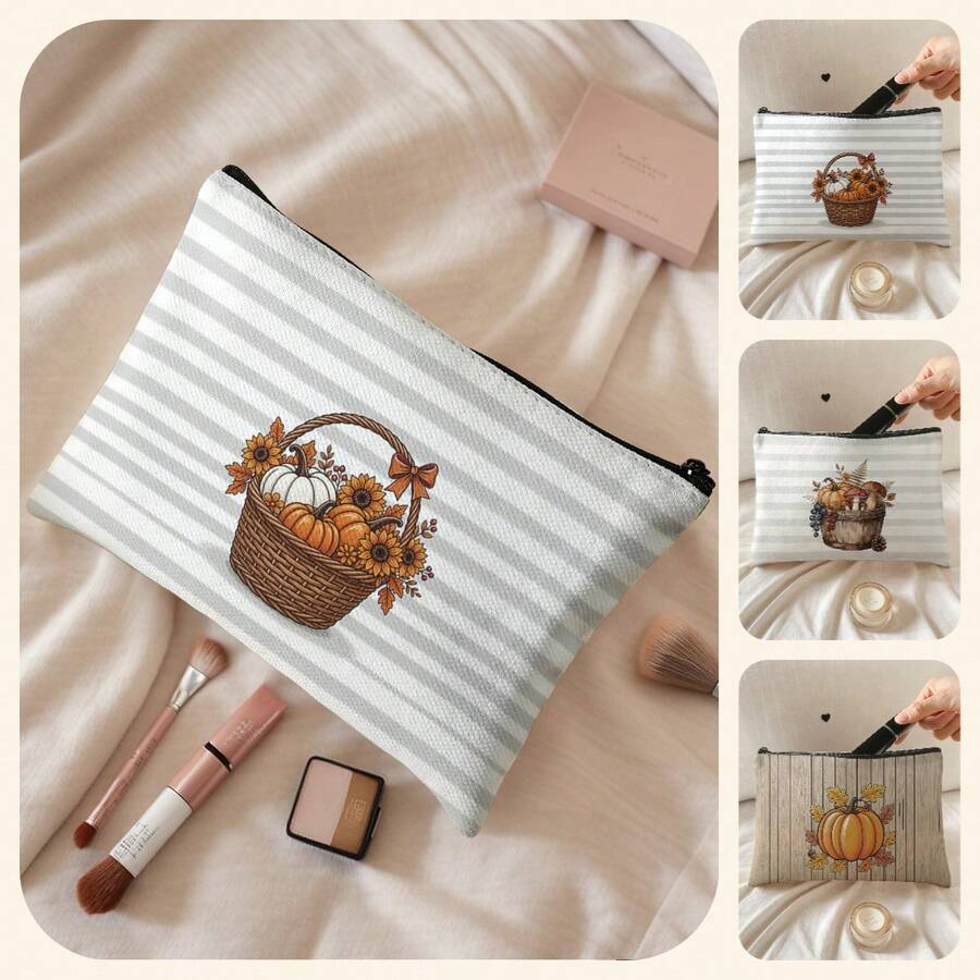 1pc Kids Stripes & Pumpkins Print Large‑Capacity Zipper Closure Portable Makeup Pouch,Lightweight Toiletry Organizer For Travel Daily Storage Or Gift - Multicolor - View 1