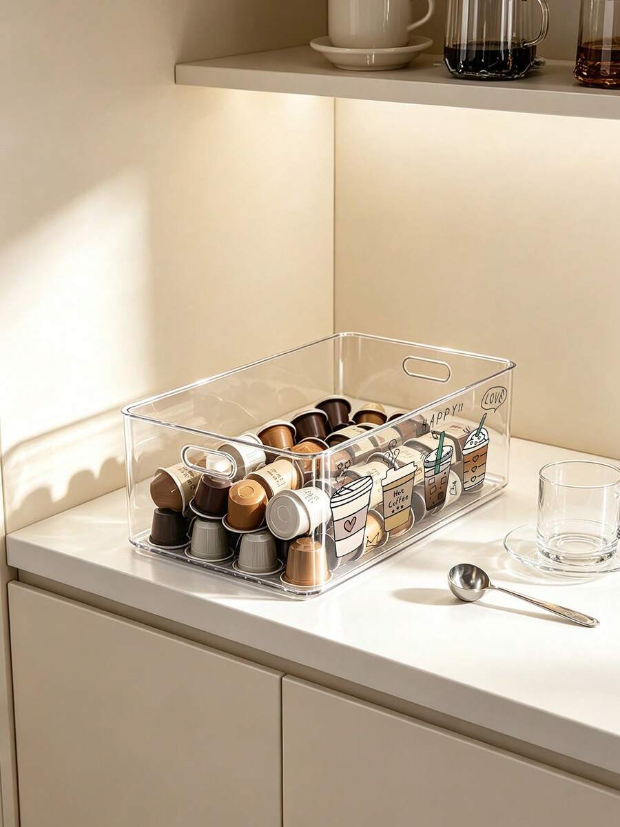 Multi Functional Transparent Large Capacity Plastic Coffee Storage Box, Transparent Plastic Storage Can, Printed With Coffee Related Letter Patterns, Suitable For Kitchen And Countertop Organization, Is An Ideal Gift For Coffee Enthusiasts, Staff, - Multicolor - View 1