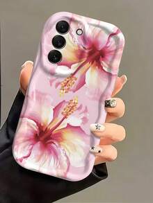 1pc Creamy Big Wave Ins Shockproof Anti-Drop Protective Phone Case, Beautiful Watercolor Hibiscus Flower Pink Gradient Floral Print Wavy Edge Soft TPU Protective Phone Shell, Compatible With Android Devices Anti-Drop Protective Case Compatible With Samsung, Series Phones - White - View 1