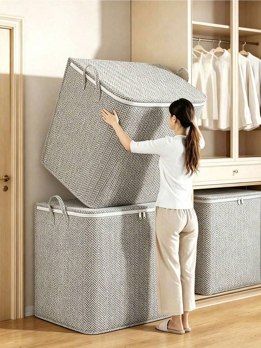 Grey Large Capacity Foldable Fabric Storage Box, Blanket Storage, Clothes, Bedding, Toys, Home And Car Essentials, Underbed Storage Box With Lid, College Dorm Essentials, Laundry Basket - Multicolor - View 1