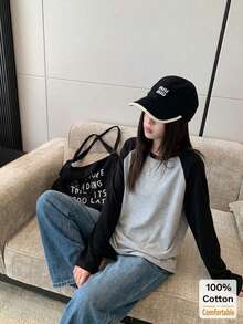Women's Grey Black Contrast Raglan Sleeve Long Sleeve T-Shirt, Loose Fit Crew Neck Casual Baseball Style Top, Japanese Streetwear - Black and Gray - View 4