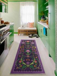 1PC Vintage Botanical Bird Totem Deep Purple Long Runner Rug, Bohemian Style Faux Cashmere Rectangular Symmetrical Floral Vine Washable Runner Mat, Suitable For Living Room, Hallway, Entryway Home Decor - Multicolor - View 5