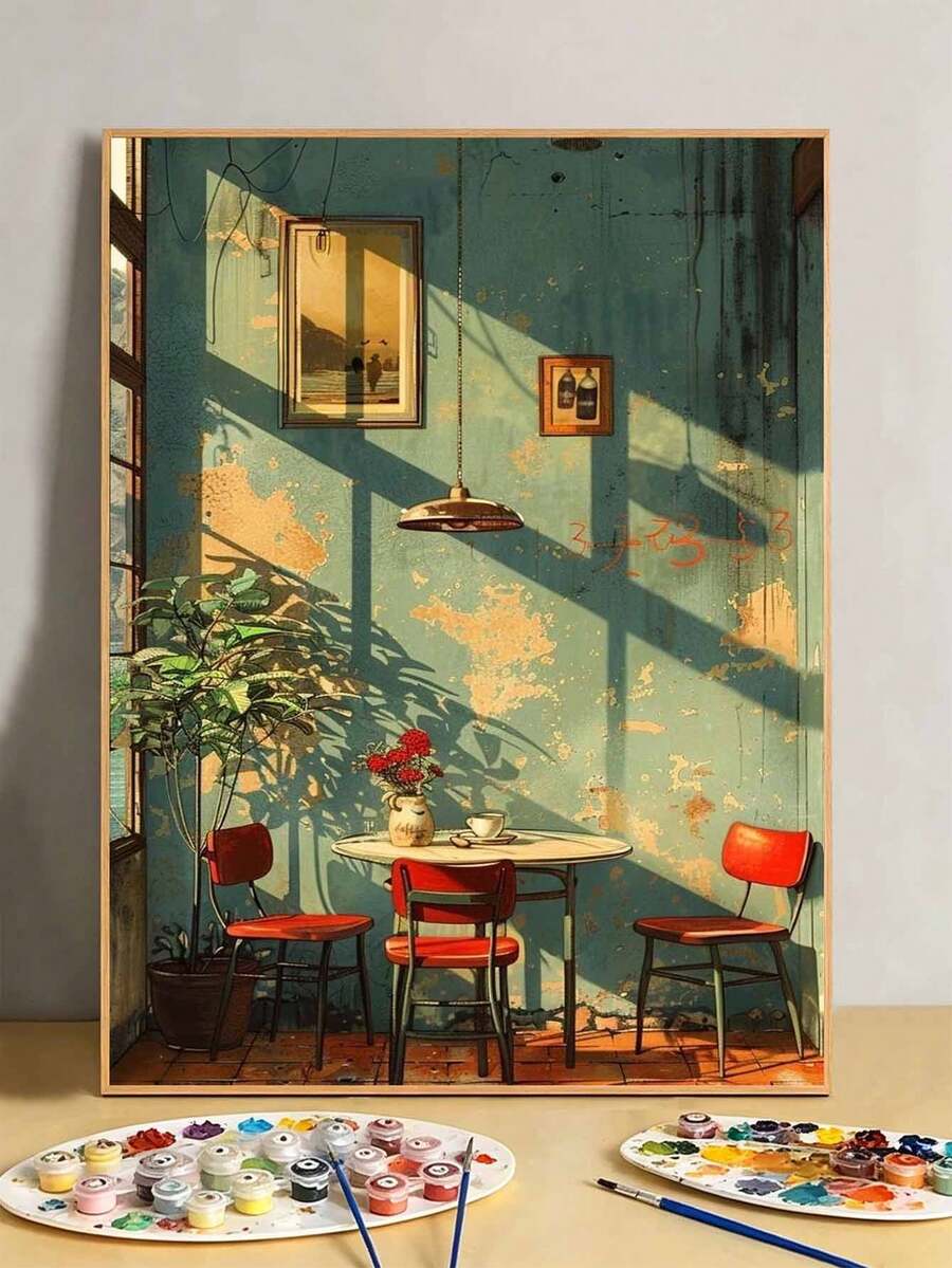 DIY Vintage Cafe Interior With Warm Sunlight (Frameless 8x12 / 16x20 Inches) Paint By Numbers Kit (Acrylic) Arts & Crafts For Adult Beginners, Home Wall Decor, And Creative Holiday Gifts - Sets - View 1