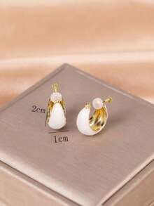 1 Pair Fashionable New White Oil Drop C-Shaped Earrings For Women, No Piercing Ear Clips With Adjustable Screw Backs, Suitable For Daily Wear - Ear Clip - View 3