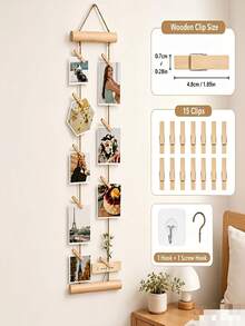 18pcs Wall-Mounted Photo Display Rack Set (Includes 1 Hanging Display Rack + 15 Photo Clips + 1 Adhesive Hook + 1 Metal Hook) - Natural Wood Photo Hanging Rope, Wooden Hemp Rope Hanging Decorative Photo Clips, Hanging Photo Clip Frame, Nordic Style Holiday Party Decoration, Minimalist Style Decorative Rack, Wooden Clip Multi-Photo Display Rack, No Drilling Space-Saving, Suitable For Bedroom, Dorm, Studio, Entryway, Desk Decoration - Multicolor - View 6
