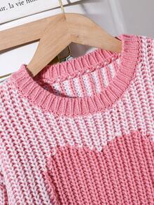 Girls Pink Heart Pattern Knit Sweater, 3D Texture, Loose Fit, Round Neck, Lantern Long Sleeve, Sweet Casual Top For Autumn/Winter - Pink - View 3