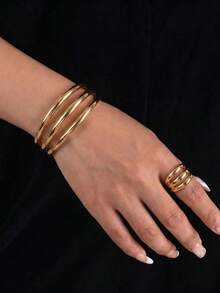 2pcs/Set Fashion Triple-Line Tubular Polished Metal Open Bangle & Ring Jewelry Set, Suitable For Women's Daily Wear And Party Use - Gold - View 2
