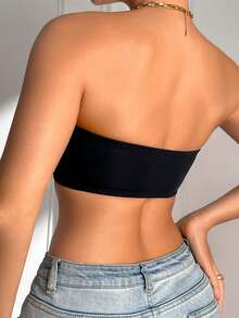 1pc Black Sexy Mesh Patchwork Front Buckle Bandeau Bra, Upgraded Anti-Slip Design, Strapless & Padded-Free Women's Lingerie - Black - View 3