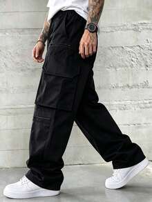 HEYKESON Men's Multi-Zipper Cargo Wide Leg Pants With Drawstring Elastic Waist, Large Flap Pockets, Loose Street Casual Trousers - Black - View 4