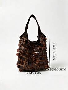 Korean Style Shiny Sequin Niche Design Ins Style Patchwork Handbag, Commute, Outing, Daily Shopping, Shoulder Slouchy Handbag - Coffee Brown - View 7
