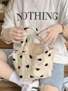 Sweet Heart Print Handbag With Ruched Texture, Casual Hand-Carry Bag For Autumn/Winter Daily Outings, Versatile Girl's Small Bag - White - View 10