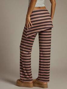 VIBEWAVE Brown & Black Striped Faux Two Pieces Skort, Low Waist Flared Long Casual Pants For Women, American Vintage Hot Girl Style, Spring/Autumn Streetwear Bottoms - Multicolor - View 7