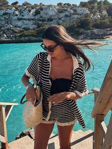 2pcs Set Loose Striped V-Neck Off-Shoulder Short Sleeve Top + Striped Black Shorts, Suitable For Summer Party, Casual Vacation, Beach Outing - Black - View 2