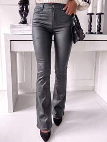 Women's Elegant Faux Leather Flared Jeans With Button Zipper Pockets, Long PU Pants For Fashionable Fall Outfits, Medium Stretch Flare Leg Trousers - Grey - View 1