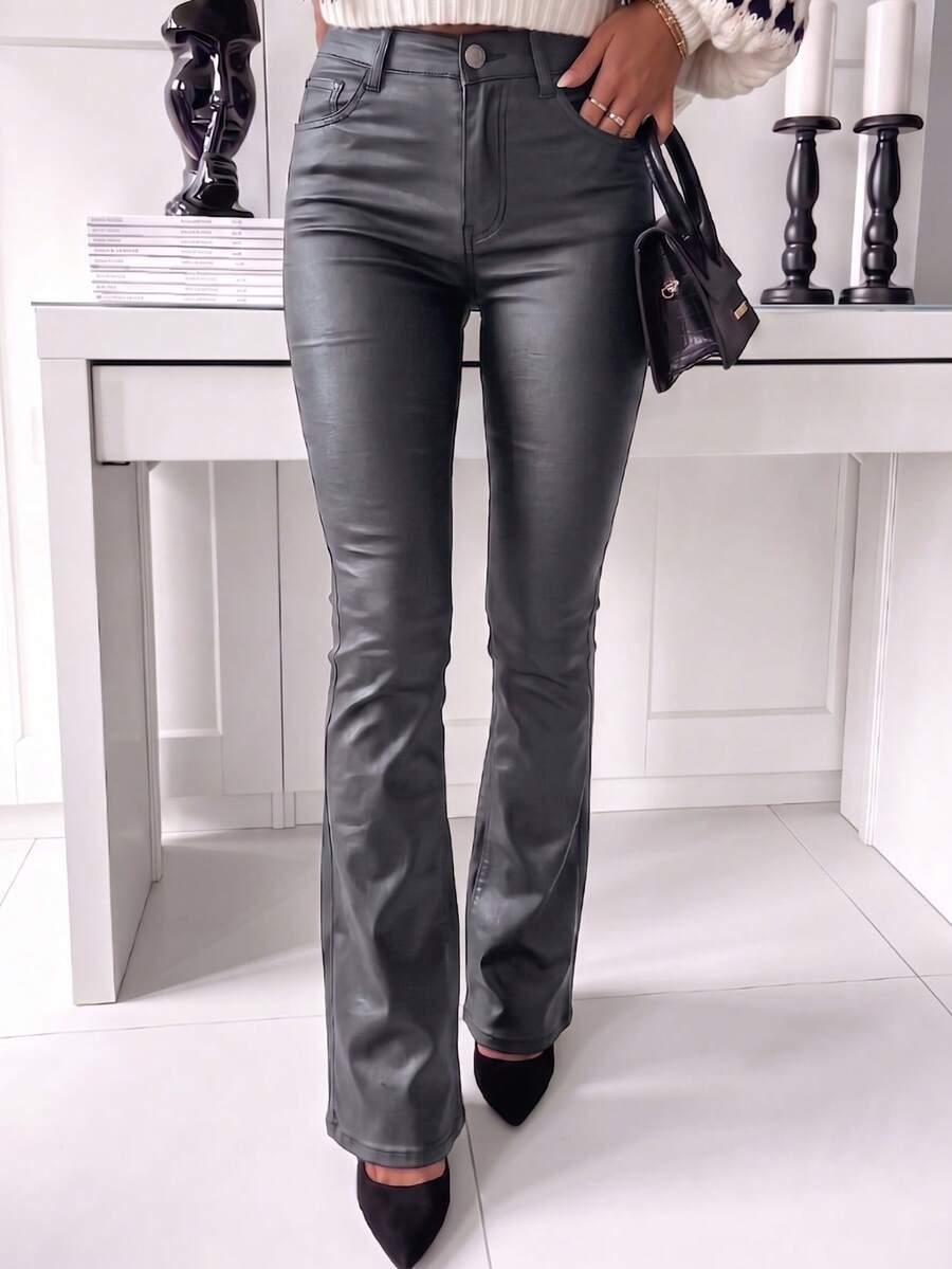 Women's Elegant Faux Leather Flared Jeans With Button Zipper Pockets, Long PU Pants For Fashionable Fall Outfits, Medium Stretch Flare Leg Trousers - Grey - View 1