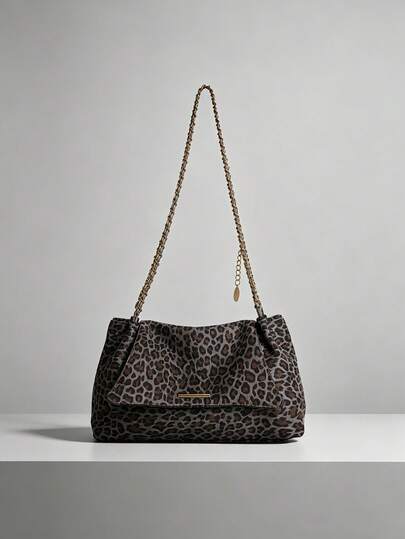 Vintage Gray Leopard Print Chain Hobo Underarm Bag, Leather-Woven Gold Chain Shoulder Strap, Gold Metal Long Bar Nameplate Decoration, Soft Slouchy Body, Zipper Closure, Slouchy Vintage Vibe, Moderate Capacity, Commute Dating Outing, Women's Shoulder Underarm Bag