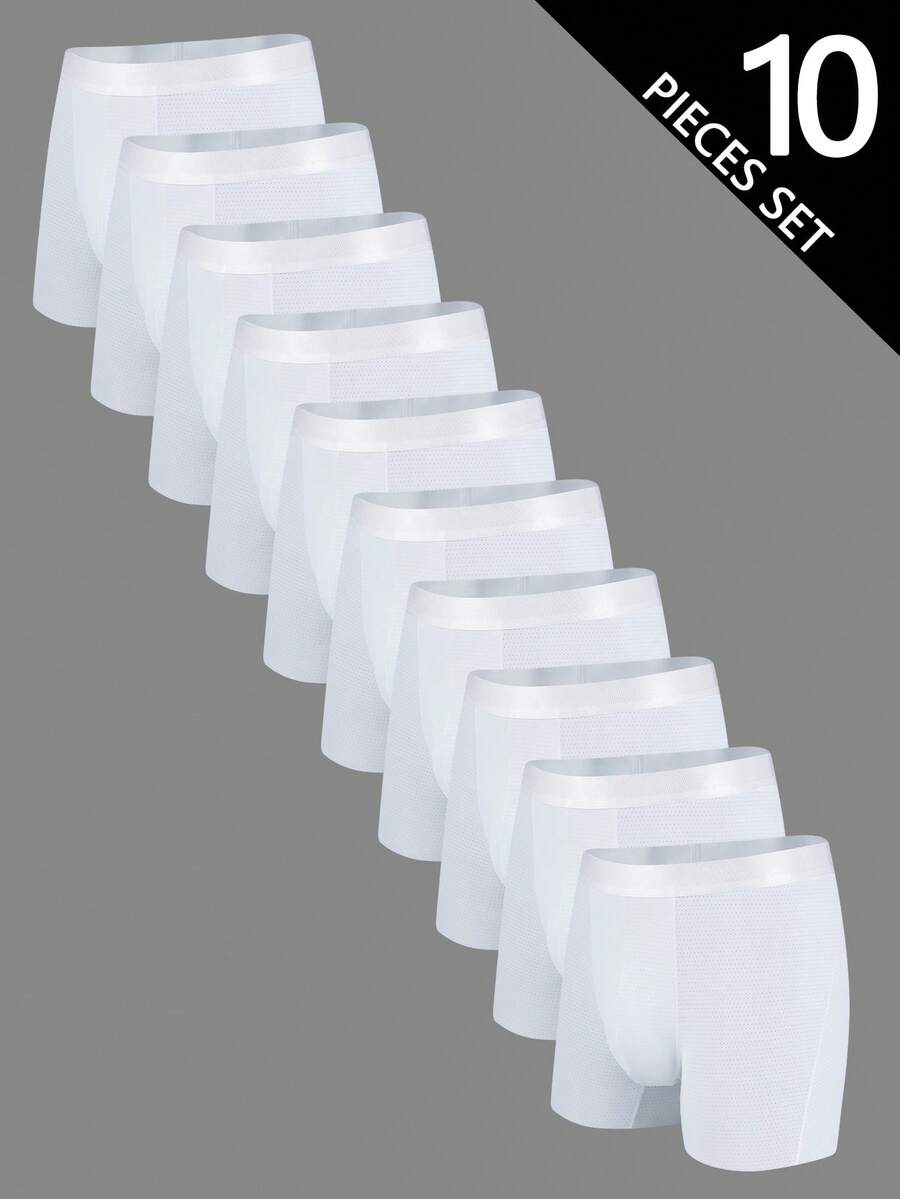 Norcotton 10pcs/Pack Men's Nylon Mesh White Long Boxer Briefs - White - View 1