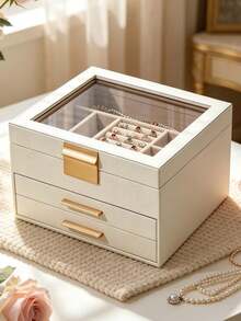 3-Layer Glass Large Capacity Jewelry Box With Lock, Desktop Drawer Jewelry Organizer, Vanity Accessory Storage Box, Women's Jewelry Gift Box, Ring, Necklace, Bracelet And Earring Storage Container - Multicolor - View 7