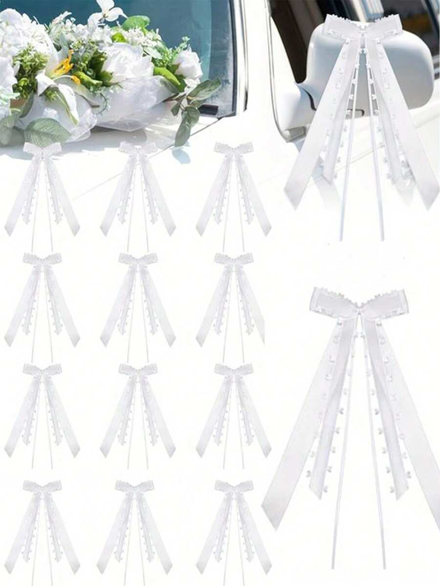 White Lace Bow Ribbons, Wedding Car Rearview Mirror Chair Back Decoration Bow Ribbons, DIY Gift Flower Packaging Heart Ribbons Bow, Suitable For Wedding Parties And Home Decoration - White - View 1