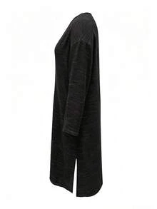 Đầm sơ mi dài nữ size lớn, đầm đen phong cách Bohemian vân vải linen, dáng rộng có hàng cúc trước và xẻ tà bên hông, áo khoác ngoài đi biển du lịch, đa năng cho mùa hè và mùa thu - màu đen - Xem 3