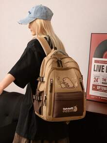1pc Cute Capybara Pattern Colorblock Student Backpack, Large Capacity Lively Student Bag, Multi-Pocket Fashionable Practical Handbag, Personalized Lightweight Multi-Compartment Portable Backpack, Suitable For High School Students, Can Hold School Supplies, Textbooks, Umbrellas, Laptops - Brown - View 8