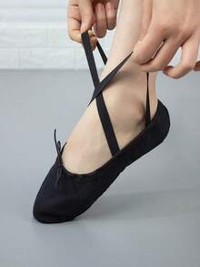Split Sole Drawstring Canvas Ballet Shoes - Black - View 8