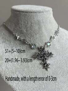 1pc Women's Pendant Necklace, Silver Metal Material, Thorn Rose Cross Pendant, Dark Gothic Style, Suitable For Daily Wear, Party And Gathering - Multicolor - View 3