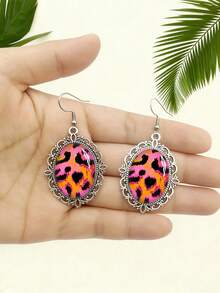 Y2K Pink & Orange Leopard Print Pendant Earrings, Vintage Lace Oval Frame Animal Print Teardrop Earrings, Eye-Catching Party Jewelry For Women - Silver - View 4