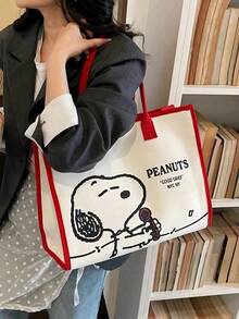 SNOOPY 1pc Cute Peanuts Cartoon Pattern Canvas Tote Bag, Large Capacity, Suitable For Work And Daily Outings, Perfect Gift - A - View 2