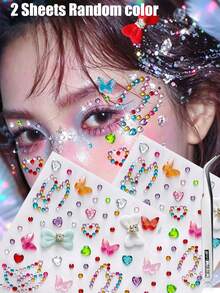 2pcs Pink Colorful Heart & Butterfly Face Rhinestone Stickers With Tweezers, Christmas Makeup, Holiday Party, Y2K Style Music Festival DIY Eye Makeup, Suitable For Dance Performance, Party, Stage Cosplay, Wedding, Concert Look - Multicolor - View 9