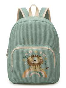 1 Piece Backpack, Women's Mini Backpack, Corduroy Girl School Bag, Travel Storage Bag, Animal Printed Design, Large‑Capacity Foldable Easy‑To‑Store Bag, Lightweight & Pressure‑Relieving, Multi‑Pocket Layered Design With Zipper Closure - Lion 22828 - View 5