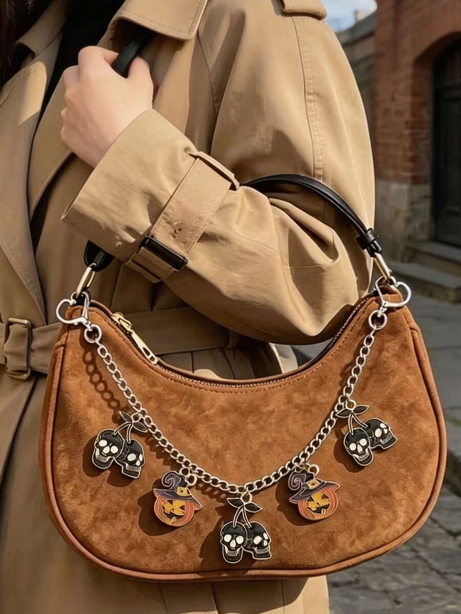 Halloween Gothic Style Bag Charm Chain, Enamel Skull Rose & Bat Pendant Decor Metal Bag Strap, Mysterious Aesthetic Handbag Accessory, Suitable For Women & Girls - Multicolor - View 1