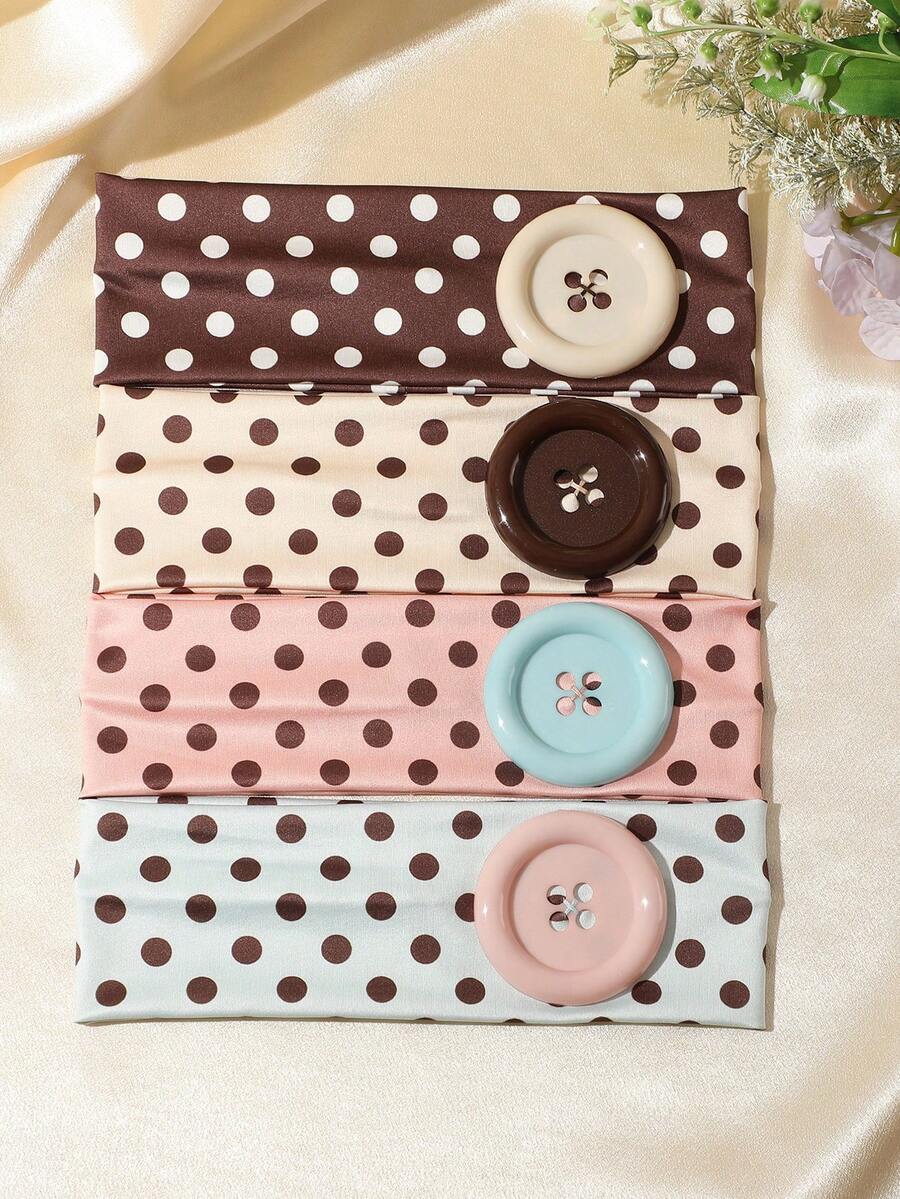 4pcs Y2K Retro Polka Dot Large Button Elastic Wide Band Women's Headbands, Sweet Cute Daily Outfit Photo Atmosphere Hair Accessories - Multicolor - View 1