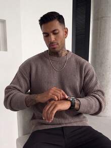 Men's Autumn/Winter Basic Solid Color Casual Fitted Lightweight Sheer Polyester Pique Texture Niche Design Long Sleeve Drop Shoulder Crew Neck Pullover Sweater - Coffee Brown - View 3