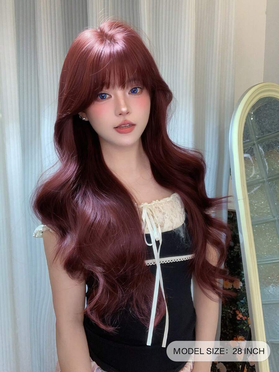 alicegarden 28-Inch Long Synthetic Wig Featuring A Natural Wavy Style In A A Stunning Burgundy. Designed With Bangs , This False Hairpiece Is Perfect For Ms Daily Party Cosplay Use, Offering A Natural And Natural Durable Wig Gift For Ladies. - Burgundy - View 1