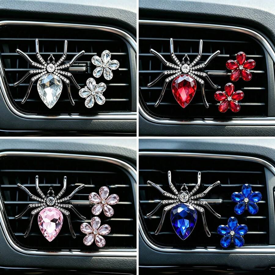 3pcs/Set Rhinestone Crystal Large Spider Car Air Vent Aromatherapy Clip Crystal Five-Petal Flower Car Air Conditioner Vent Fragrance Creative Interior Decoration - Spider Five-petal Flower - View 1