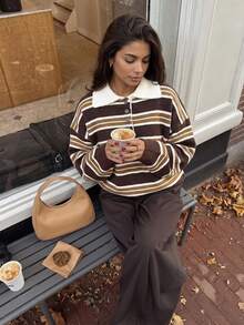 2026 Autumn Women's Classic Striped Contrast Color Polo Collar Button Knit Long Sleeve Pullover Sweater Top, Brown Top, Jumpers For Women, Women's Autumn Clothing, Suitable For Campus, Back To School, Holiday, Date, Street Wear And Other Occasions, Going Out Tops, Y2k, Party Top - Brown - View 2