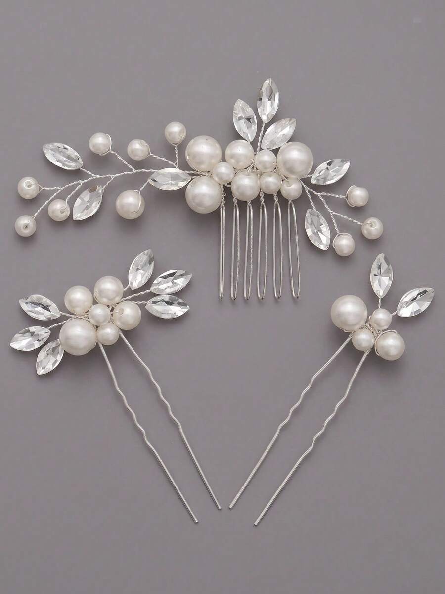 3pcs Elegant Faux Pearl & Rhinestone Twisted Hair Comb And U-Shaped Hair Pin Set, Forest Style Bridal Wedding Party Updo Hair Accessories, Beautiful Fairy-Like Pearl & Rhinestone Hair Ornaments, Versatile Hair Clips Combination For Wedding, Party, Photoshoot